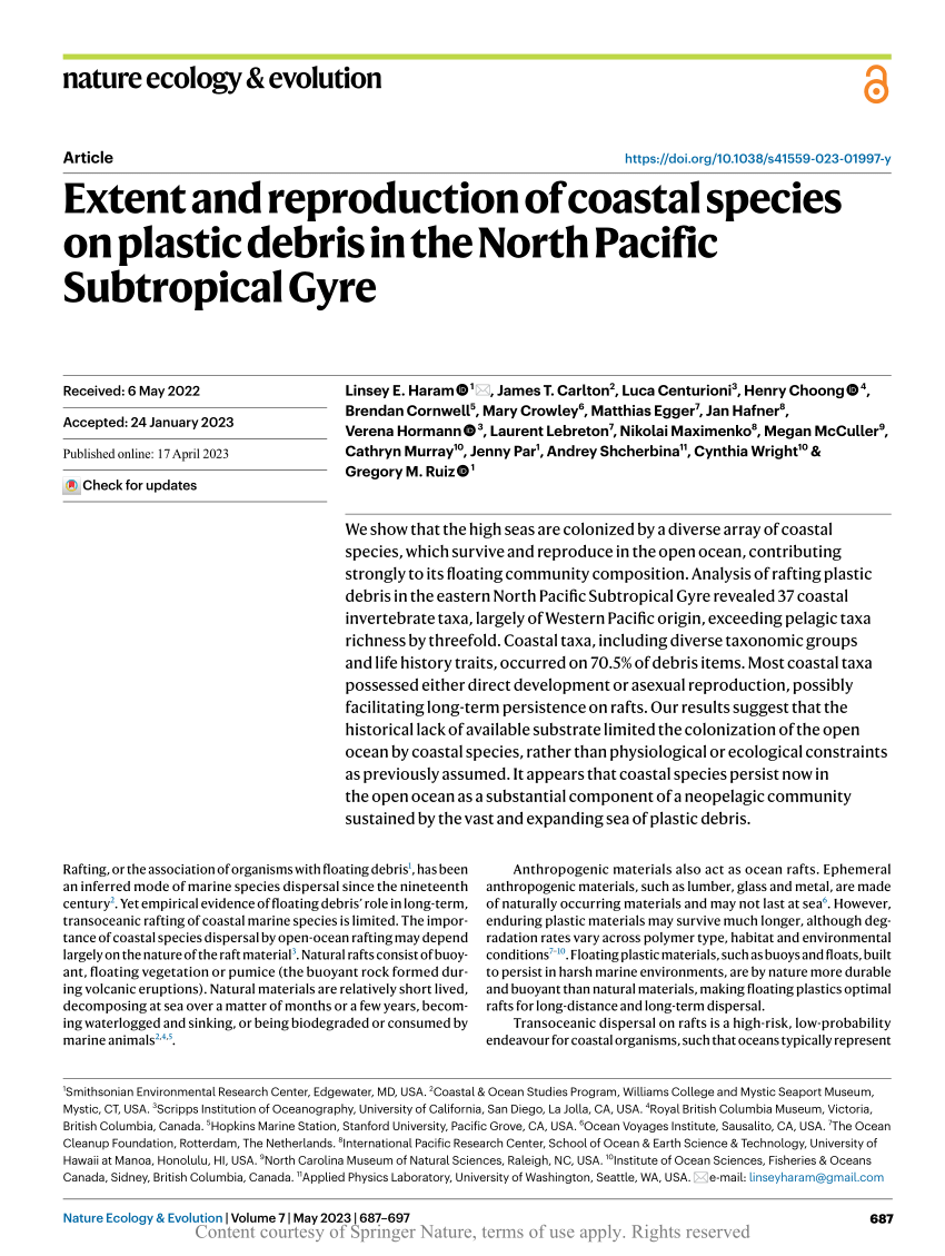 PDF) Extent and reproduction of coastal species on plastic debris in the  North Pacific Subtropical Gyre