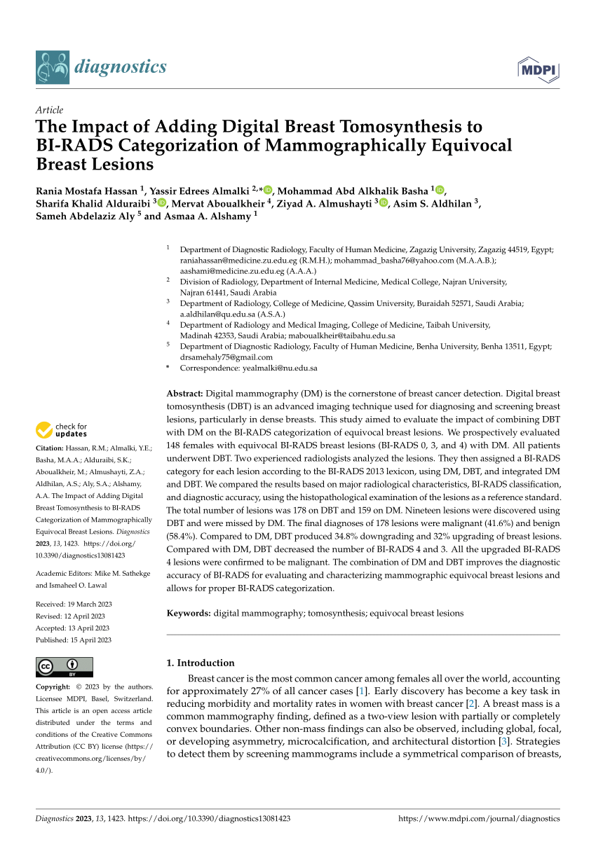 PDF) The Impact of Adding Digital Breast Tomosynthesis to BI-RADS  Categorization of Mammographically Equivocal Breast Lesions