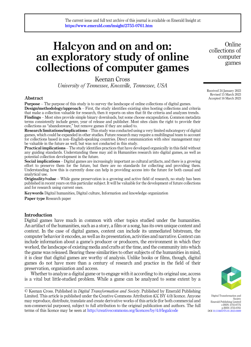 Halcyon and on and on: an exploratory study of online collections of  computer games