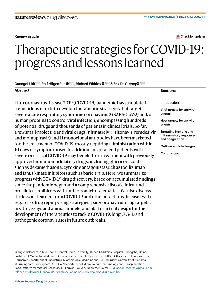 PDF) Therapeutic strategies for COVID-19 progress and lessons learned