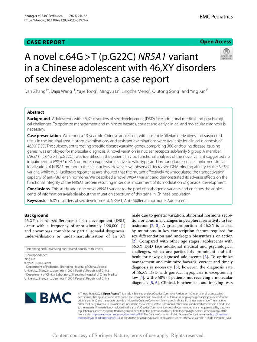 Pdf A Novel C64g T Pg22c Nr5a1 Variant In A Chinese Adolescent With 46xy Disorders Of