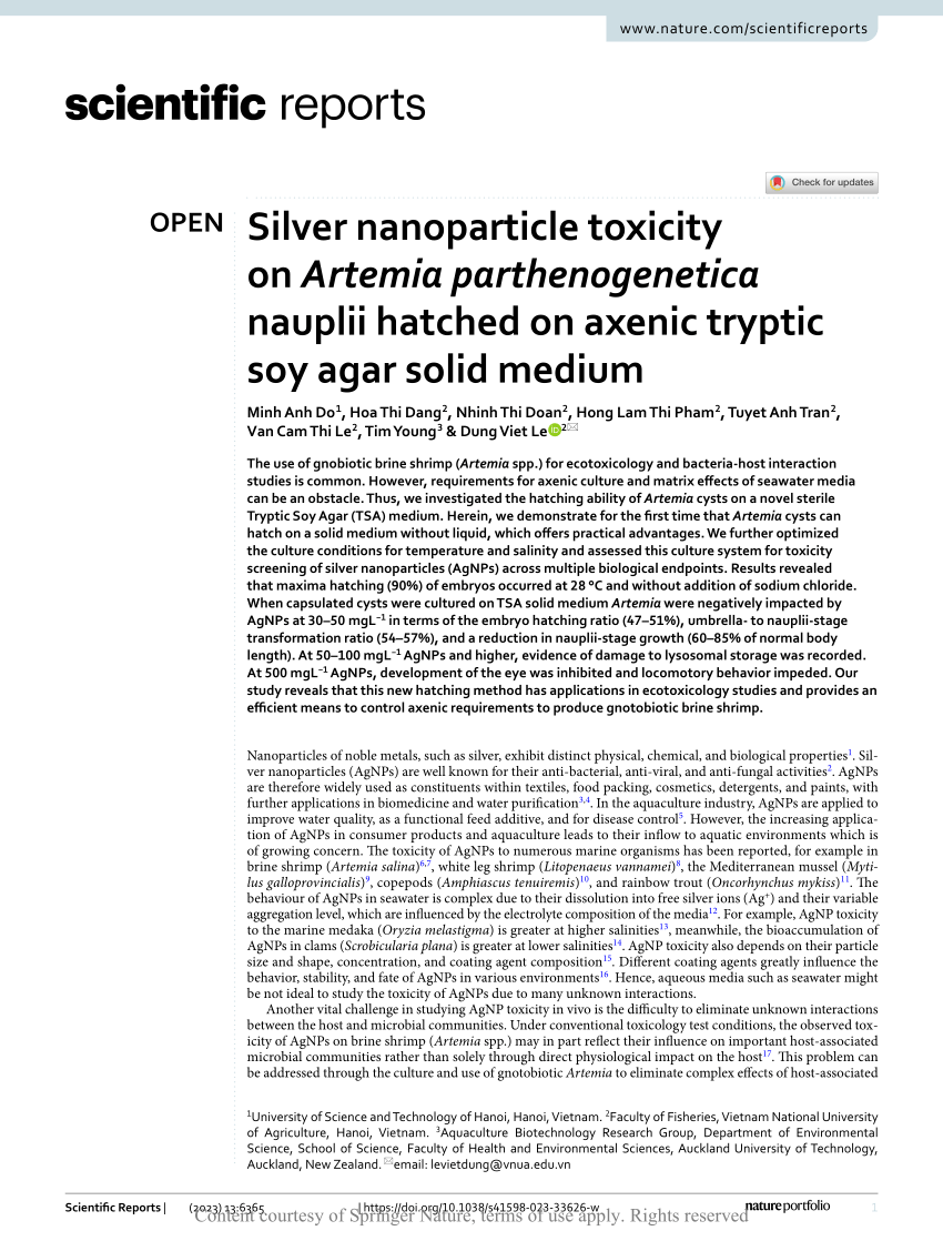 Silver nanoparticle toxicity on Artemia parthenogenetica nauplii