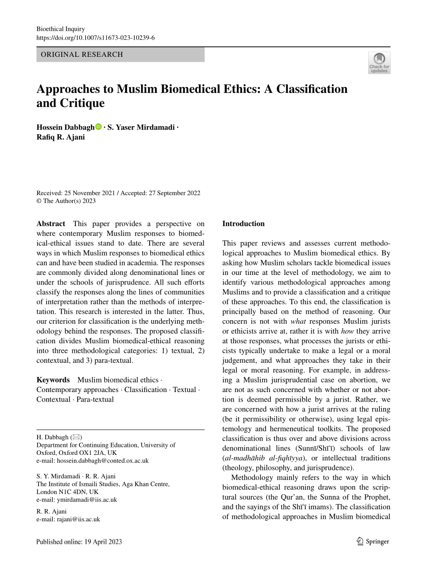 Pdf Approaches To Muslim Biomedical Ethics A Classification And Critique