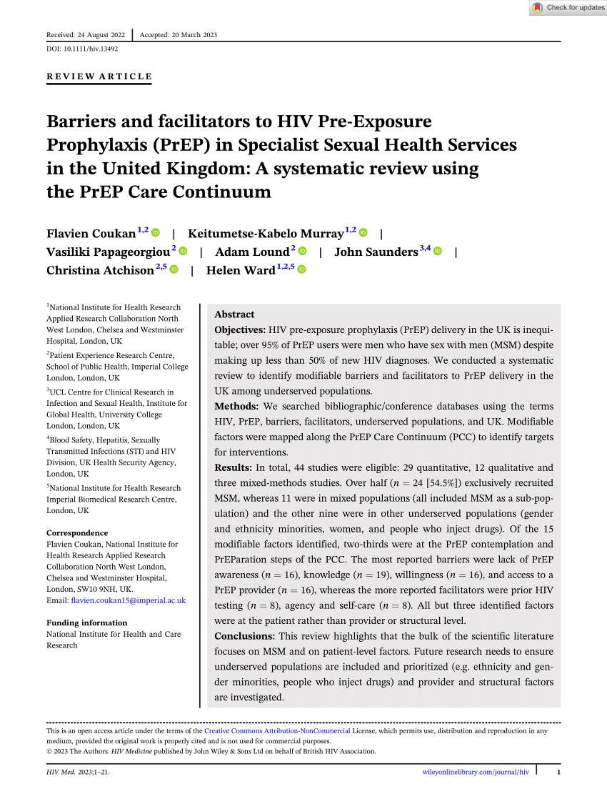 Pdf Barriers And Facilitators To Hiv Pre Exposure Prophylaxis Prep In Specialist Sexual