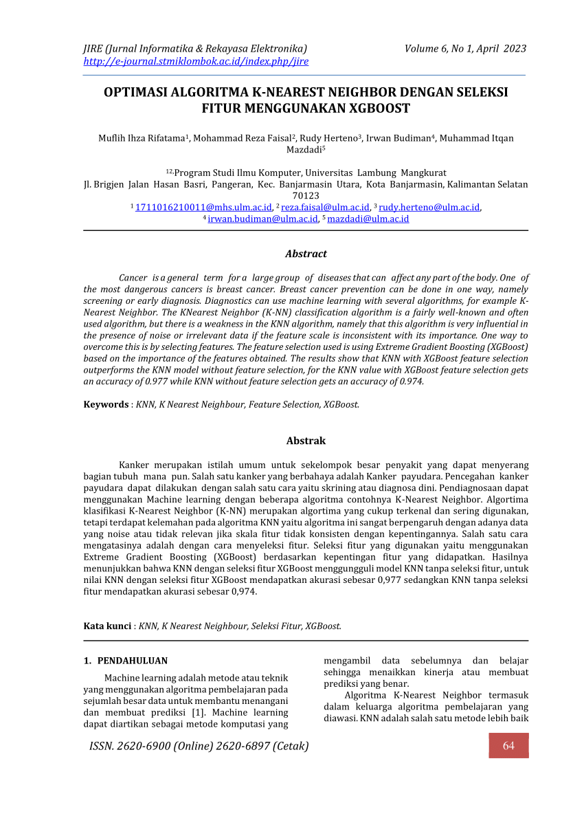 Pdf Optimasi Algoritma K Nearest Neighbor Dengan Seleksi Fitur Menggunakan Xgboost 8772