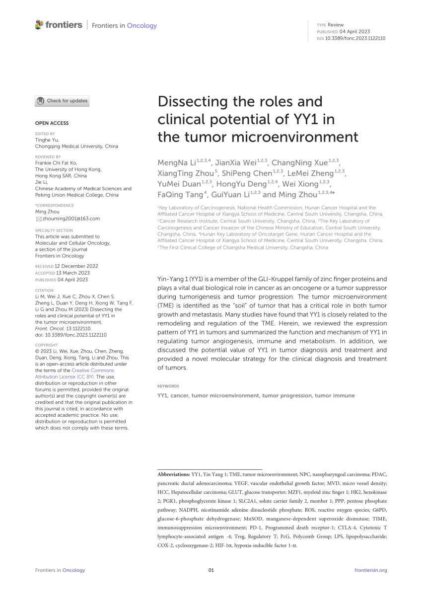 PDF) Dissecting the roles and clinical potential of YY1 in the 
