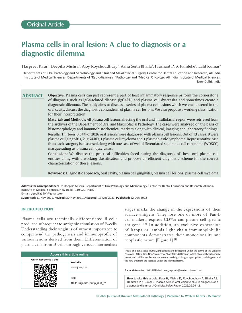 (PDF) Plasma cells in oral lesion: A clue to diagnosis or a diagnostic