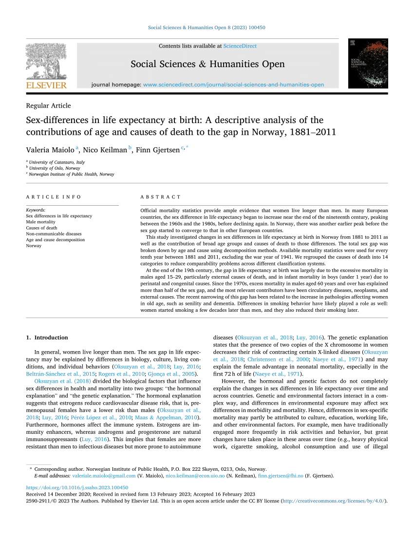 Pdf Sex Differences In Life Expectancy At Birth A Descriptive Analysis Of The Contributions