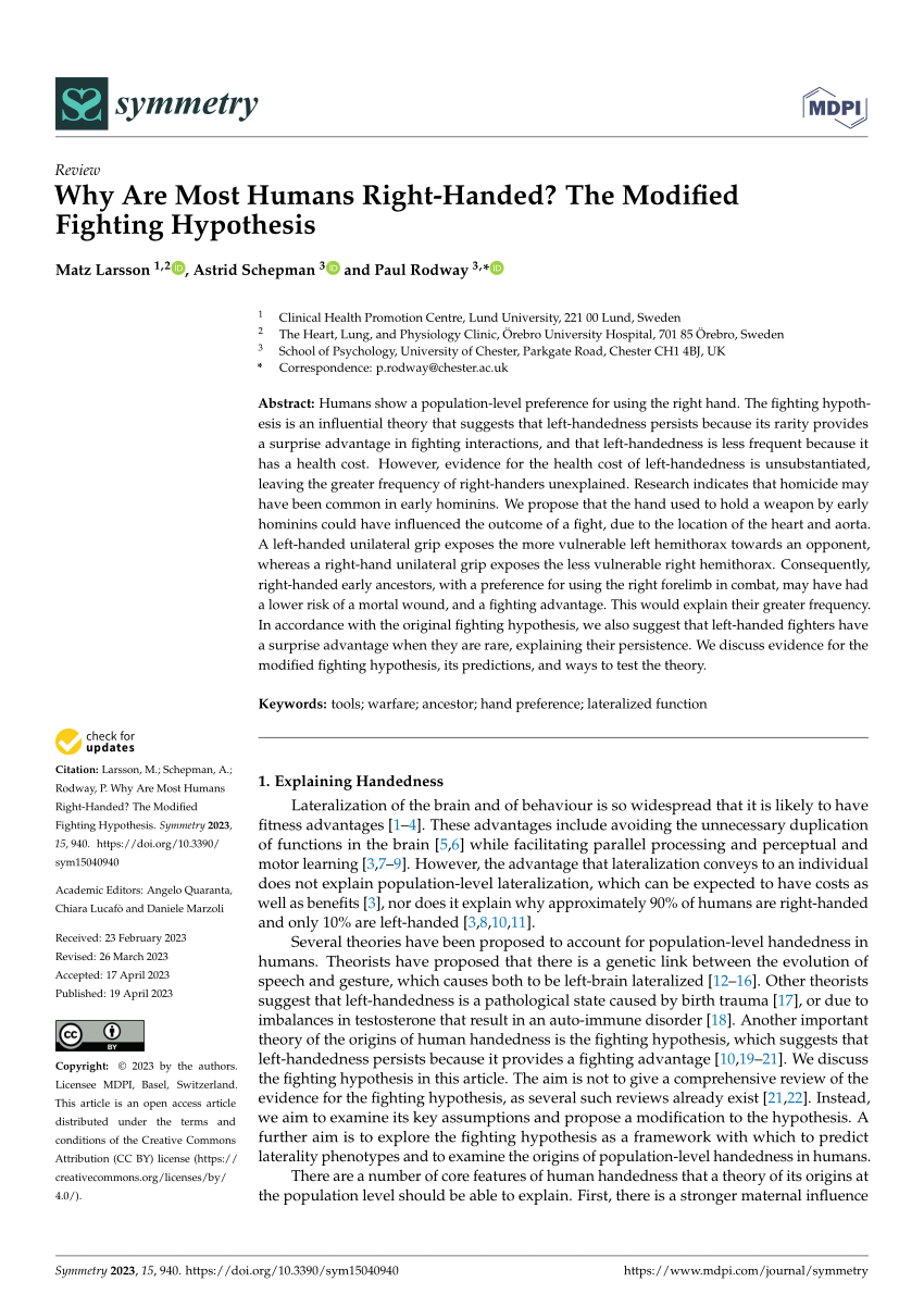 PDF) Why Are Most Humans Right-Handed? The Modified Fighting Hypothesis