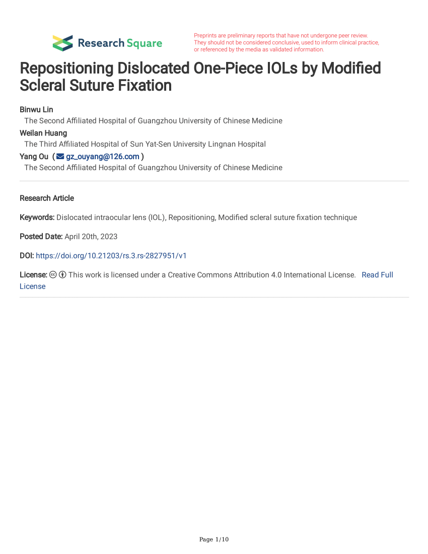 Pdf Repositioning Dislocated One Piece Iols By Modified Scleral Suture Fixation