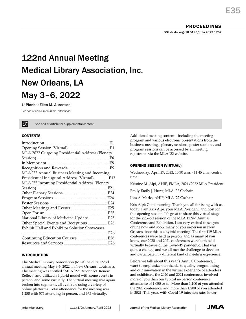 (PDF) 122nd Annual Meeting, Medical Library Association, Inc., New