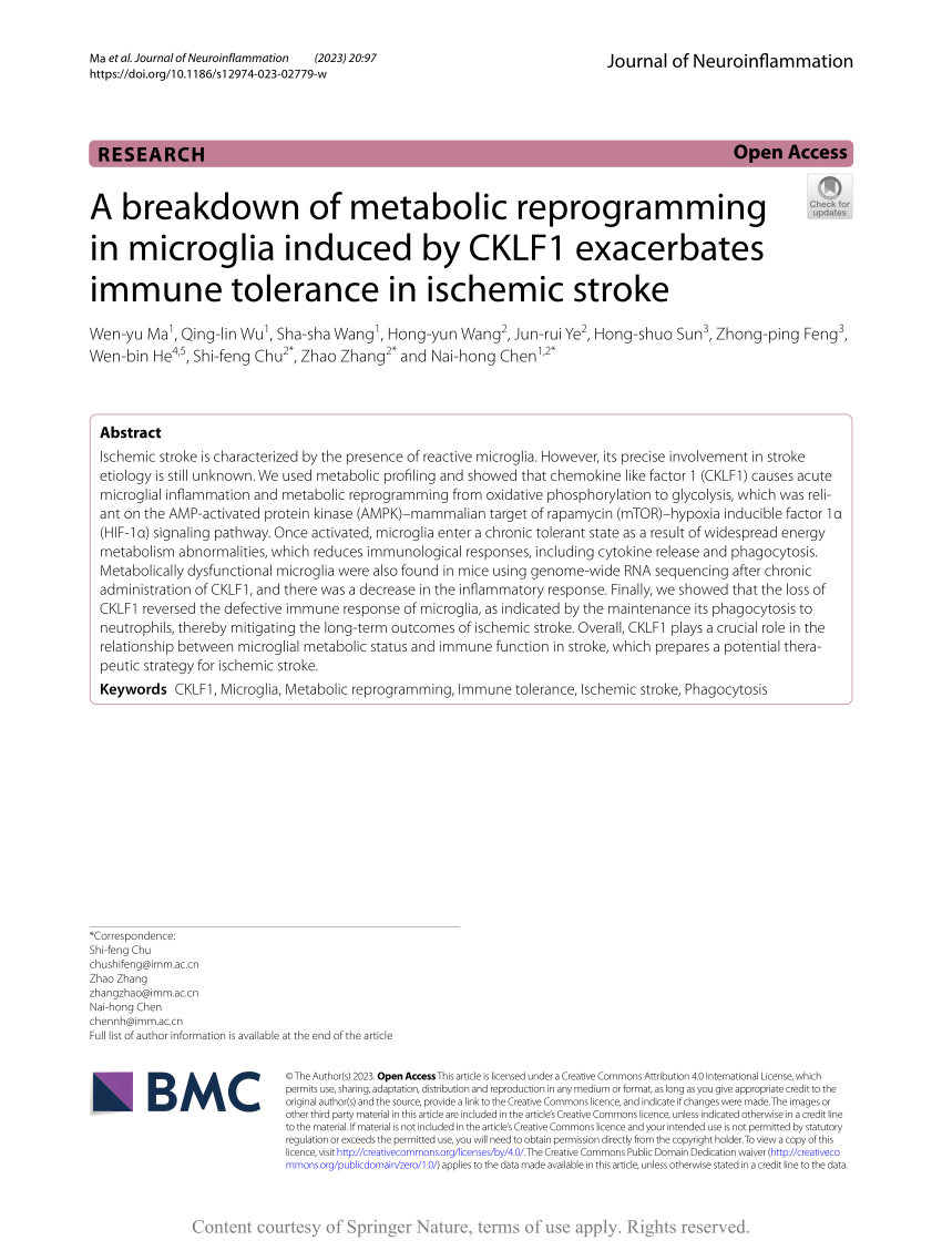 PDF) A breakdown of metabolic reprogramming in microglia induced by CKLF1  exacerbates immune tolerance in ischemic stroke