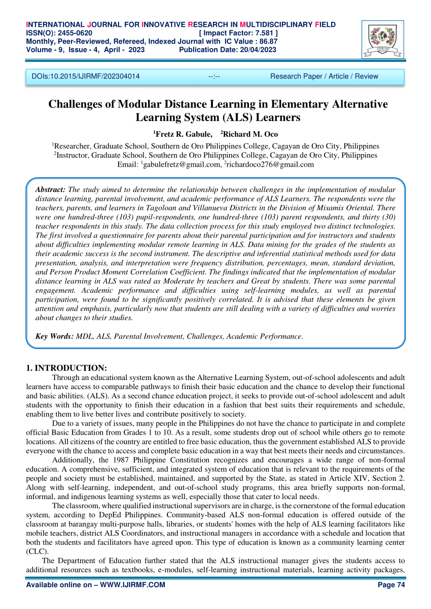 Pdf Challenges Of Modular Distance Learning In Elementary Alternative Learning System Als 7324