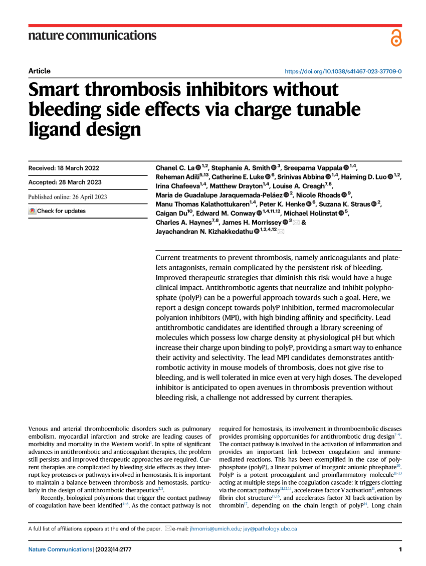 PDF) Smart thrombosis inhibitors without bleeding side effects via charge  tunable ligand design