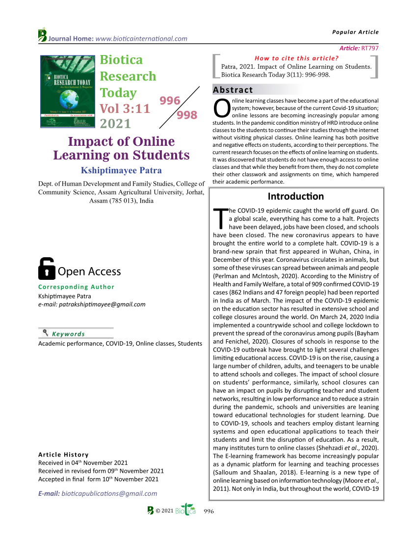 impact of online learning on students research paper