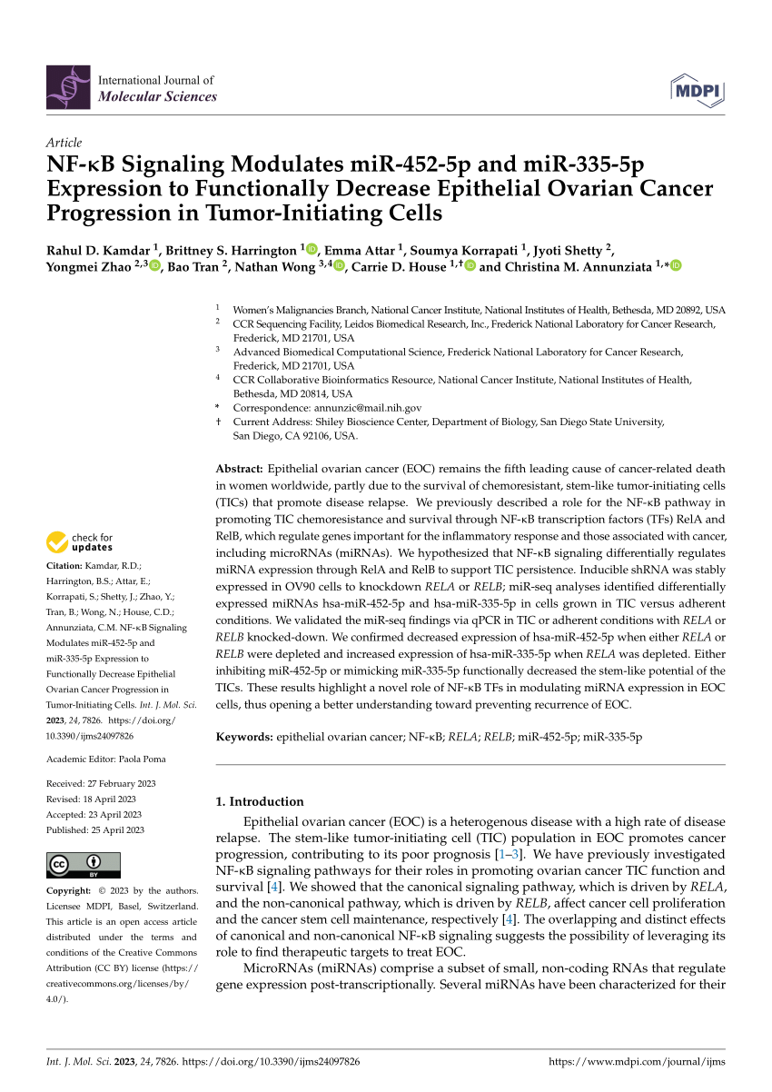 Pdf Nf κb Signaling Modulates Mir 452 5p And Mir 335 5p Expression To Functionally Decrease 