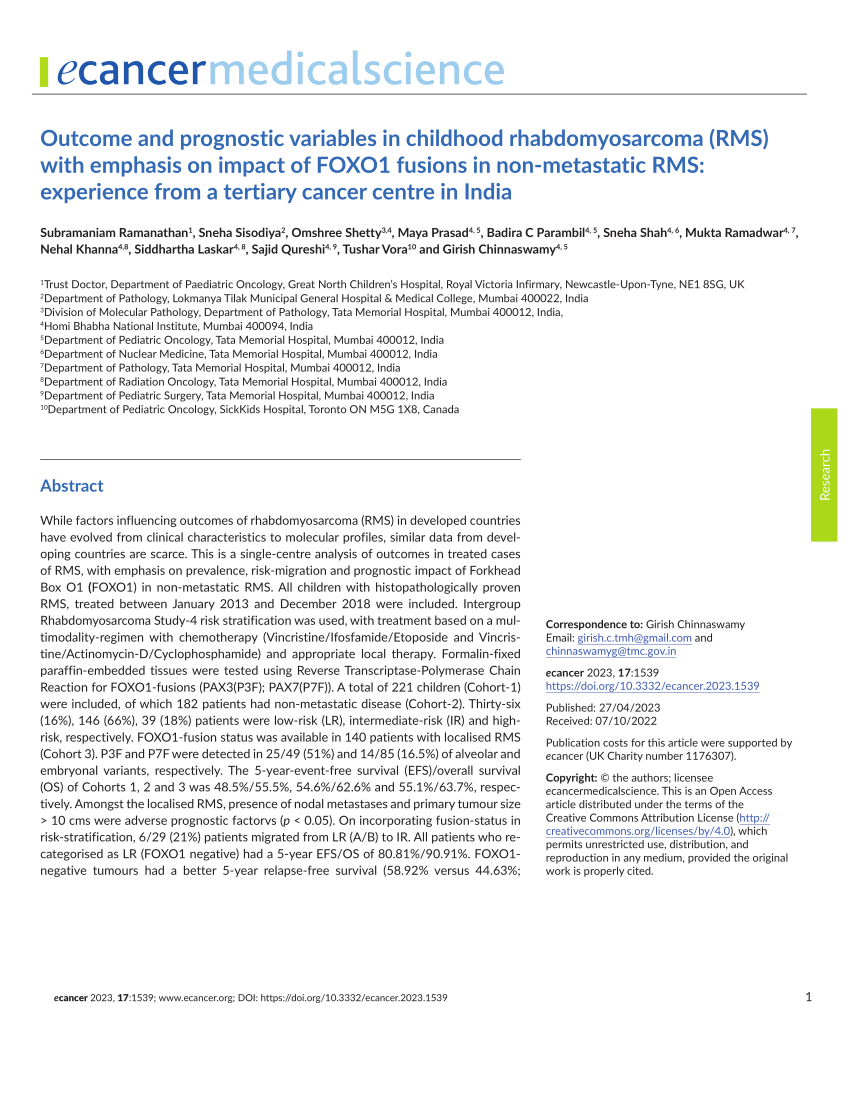 (PDF) Outcome and prognostic variables in childhood rhabdomyosarcoma ...