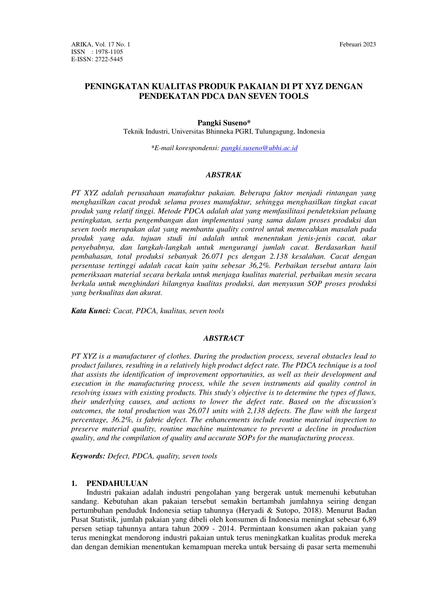 Pdf Peningkatan Kualitas Produk Pakaian Di Pt Xyz Dengan Pendekatan Pdca Dan Seven Tools