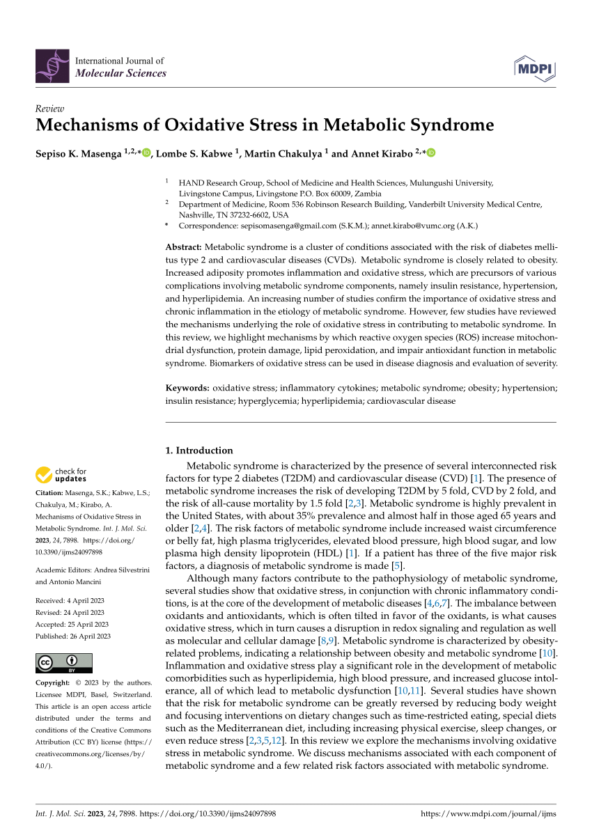 PDF Mechanisms of Oxidative Stress in Metabolic Syndrome