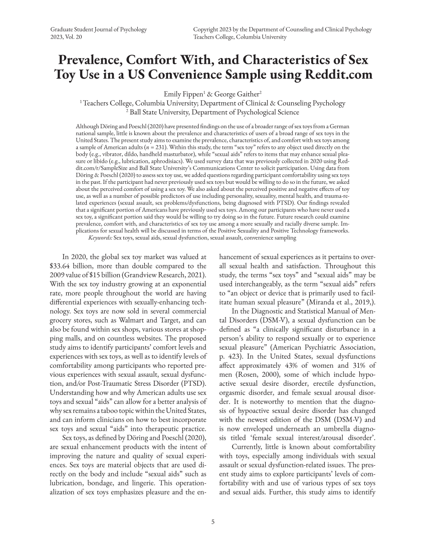 PDF) Prevalence, Comfort With, and Characteristics of Sex Toy Use in a US  Convenience Sample using Reddit.com