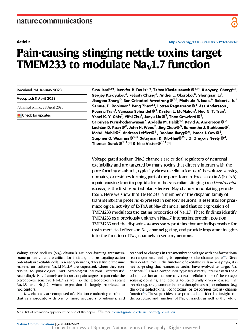PDF) Pain-causing stinging nettle toxins target TMEM233 to modulate NaV1.7 function