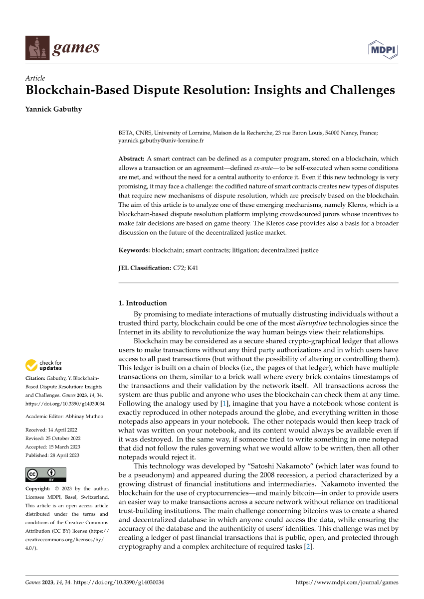 (PDF) BlockchainBased Dispute Resolution Insights and Challenges