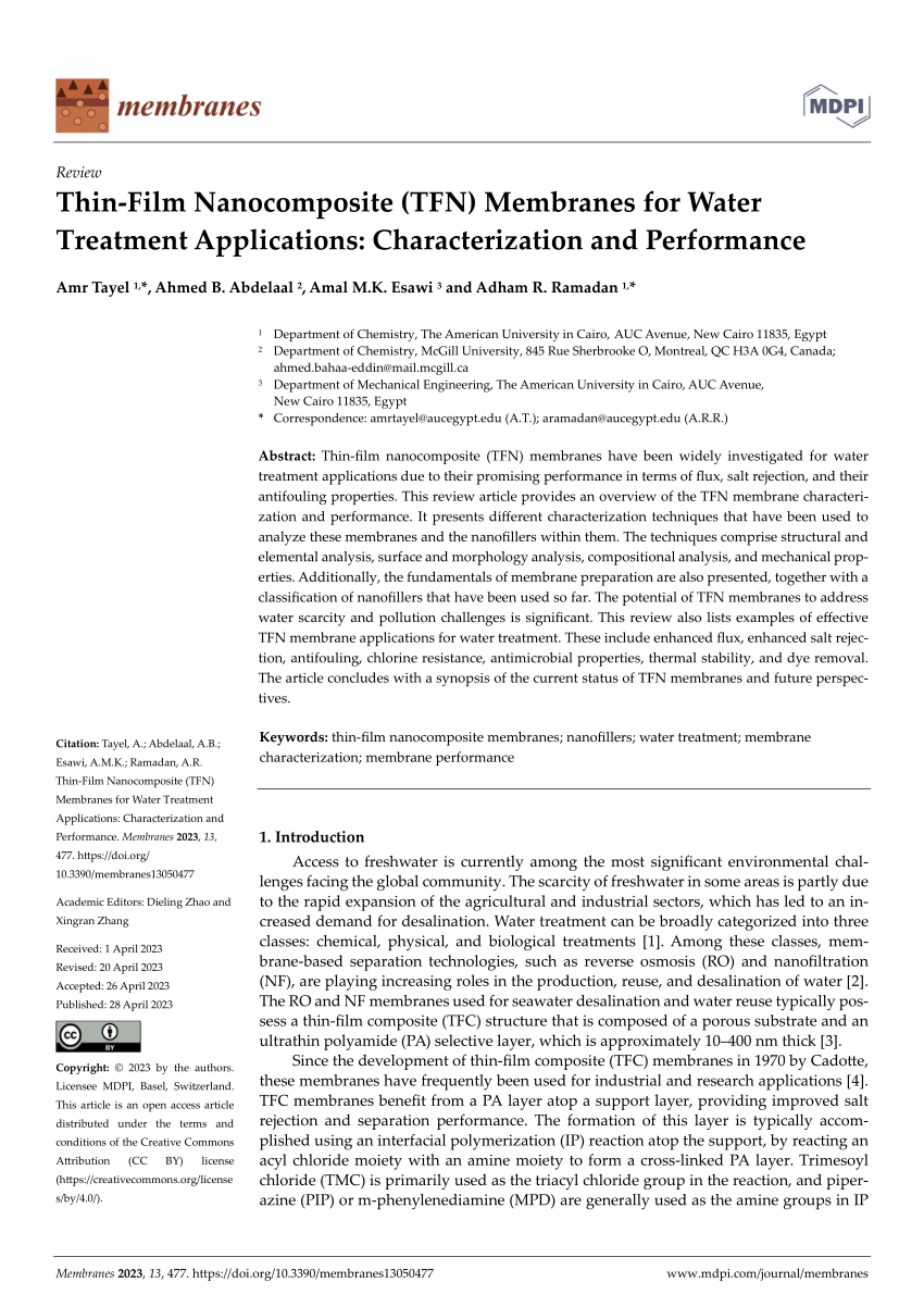 PDF) Thin-Film Nanocomposite (TFN) Membranes for Water Treatment 
