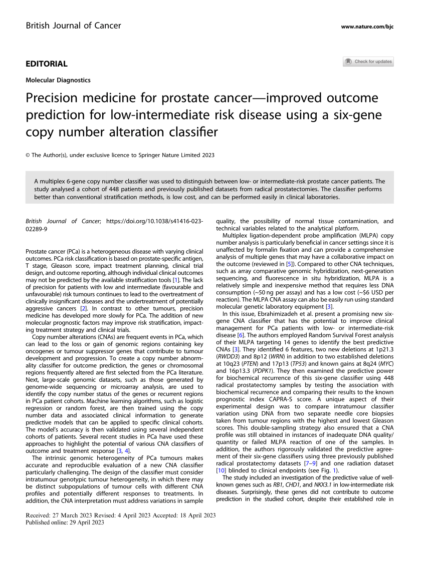 Pdf Precision Medicine For Prostate Cancer—improved Outcome Prediction For Low Intermediate 2205