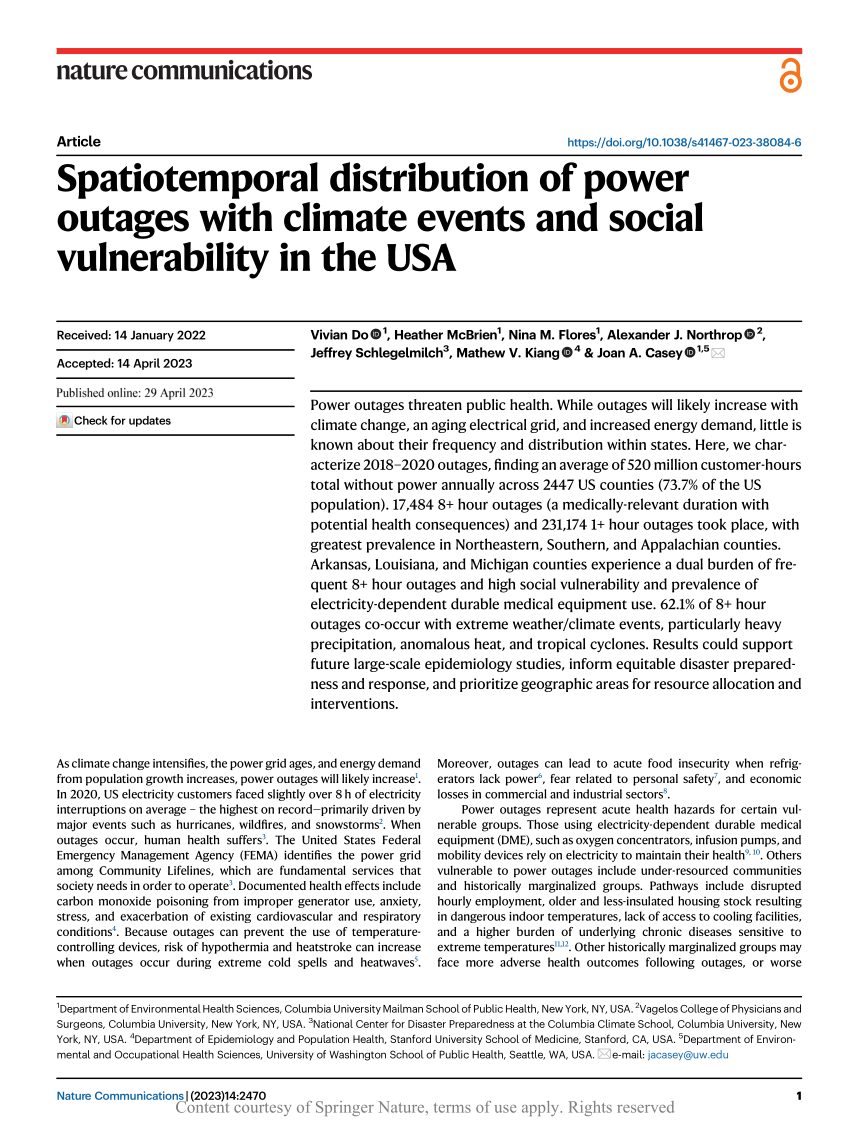 Spatiotemporal distribution of power outages with climate events and social  vulnerability in the USA
