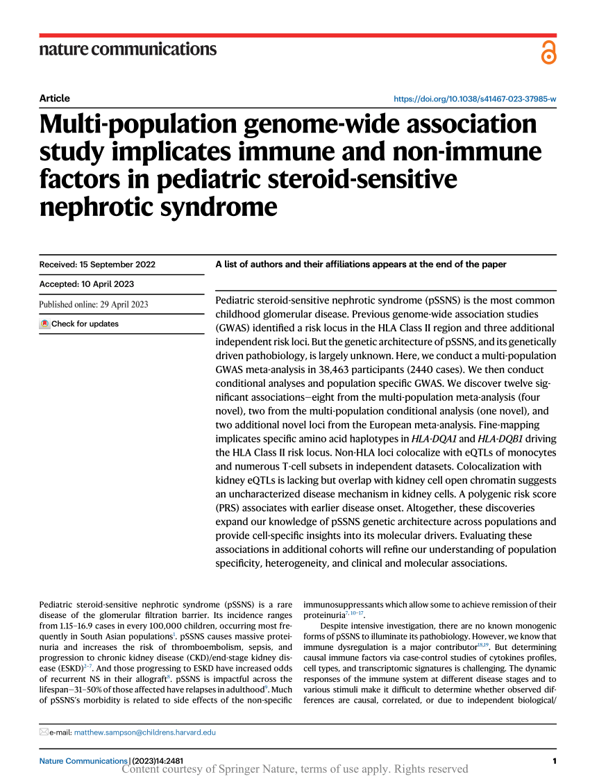 PDF) Multi-population genome-wide association study implicates immune and  non-immune factors in pediatric steroid-sensitive nephrotic syndrome