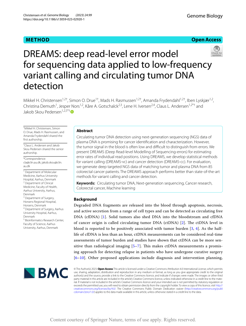 DREAMS: deep read-level error model for sequencing data applied to  low-frequency variant calling and circulating tumor DNA detection, Genome  Biology