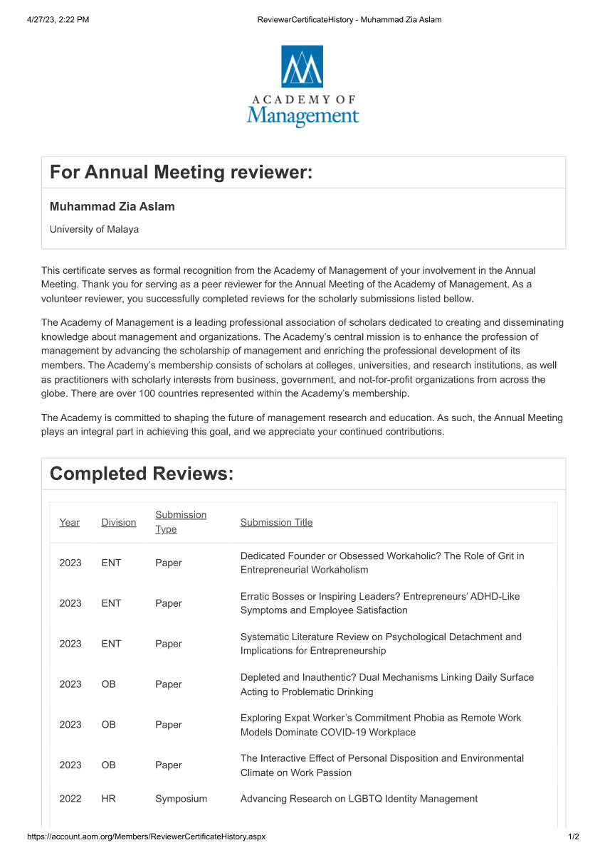 (PDF) AOM Annual Meetings 2021, 2022, 2023 Reviewer Certificate