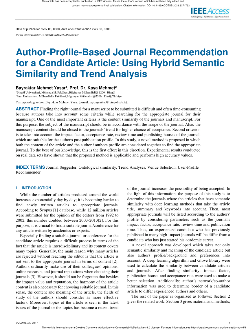 Pdf Author Profile Based Journal Recommendation For A Candidate Article Using Hybrid Semantic 1554