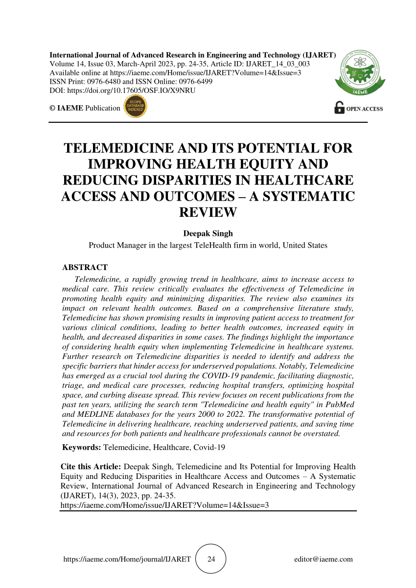 Pdf Telemedicine And Its Potential For Improving Health Equity And Reducing Disparities In