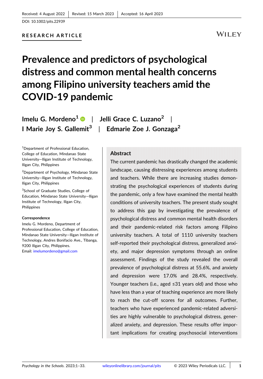 research about mental health of filipino teachers