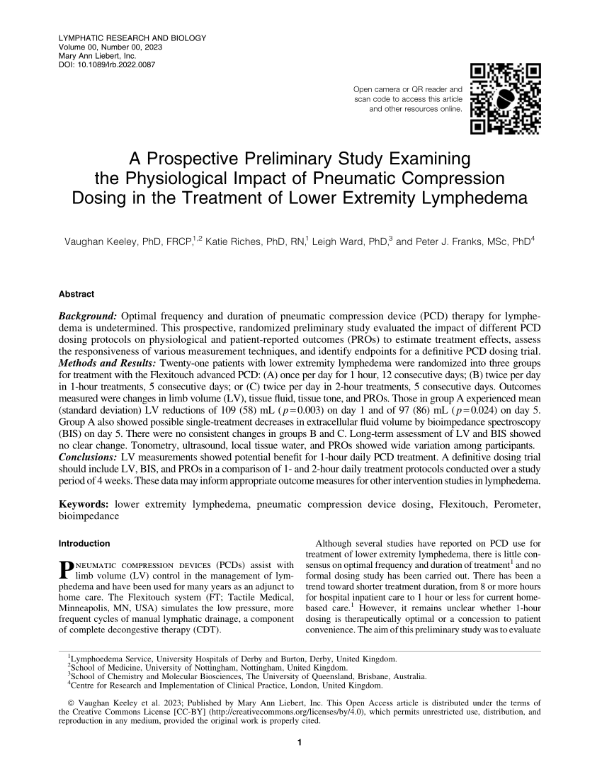 PDF) A Prospective Preliminary Study Examining the Physiological Impact of  Pneumatic Compression Dosing in the Treatment of Lower Extremity Lymphedema