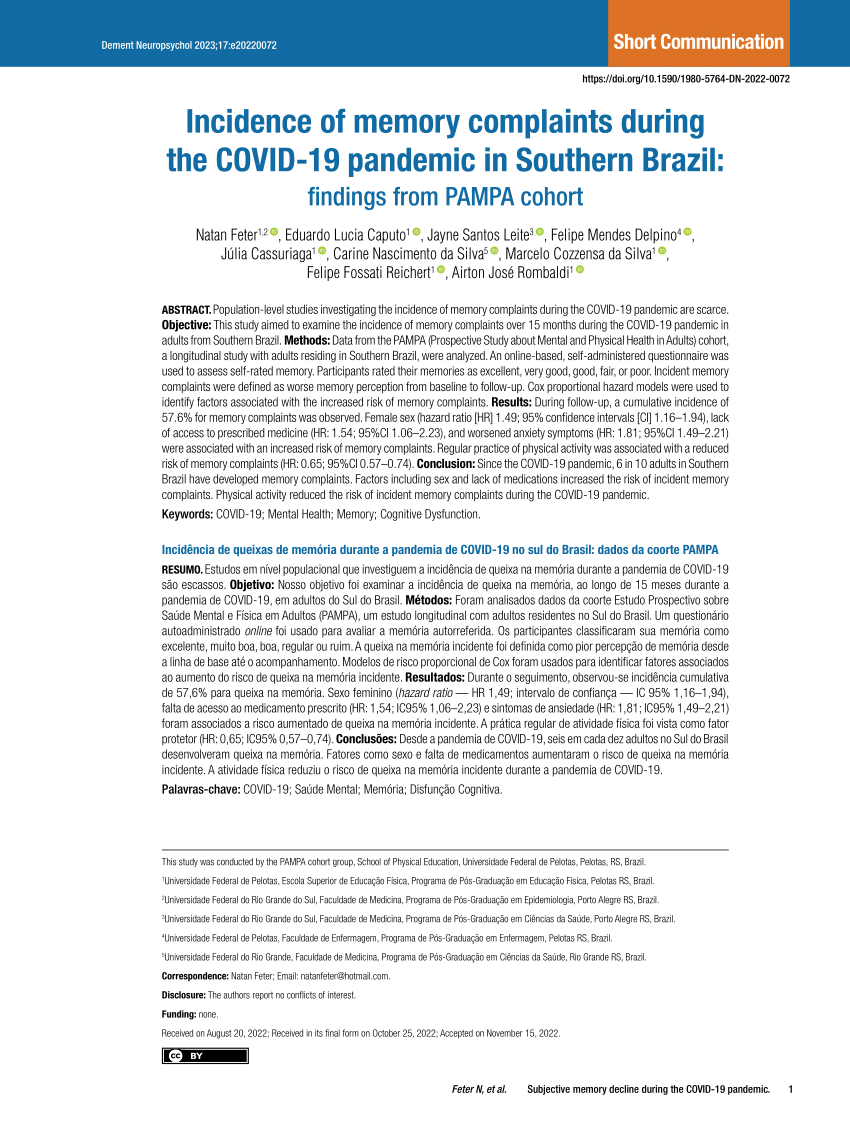 PDF Incidence of memory complaints during the COVID 19 pandemic  