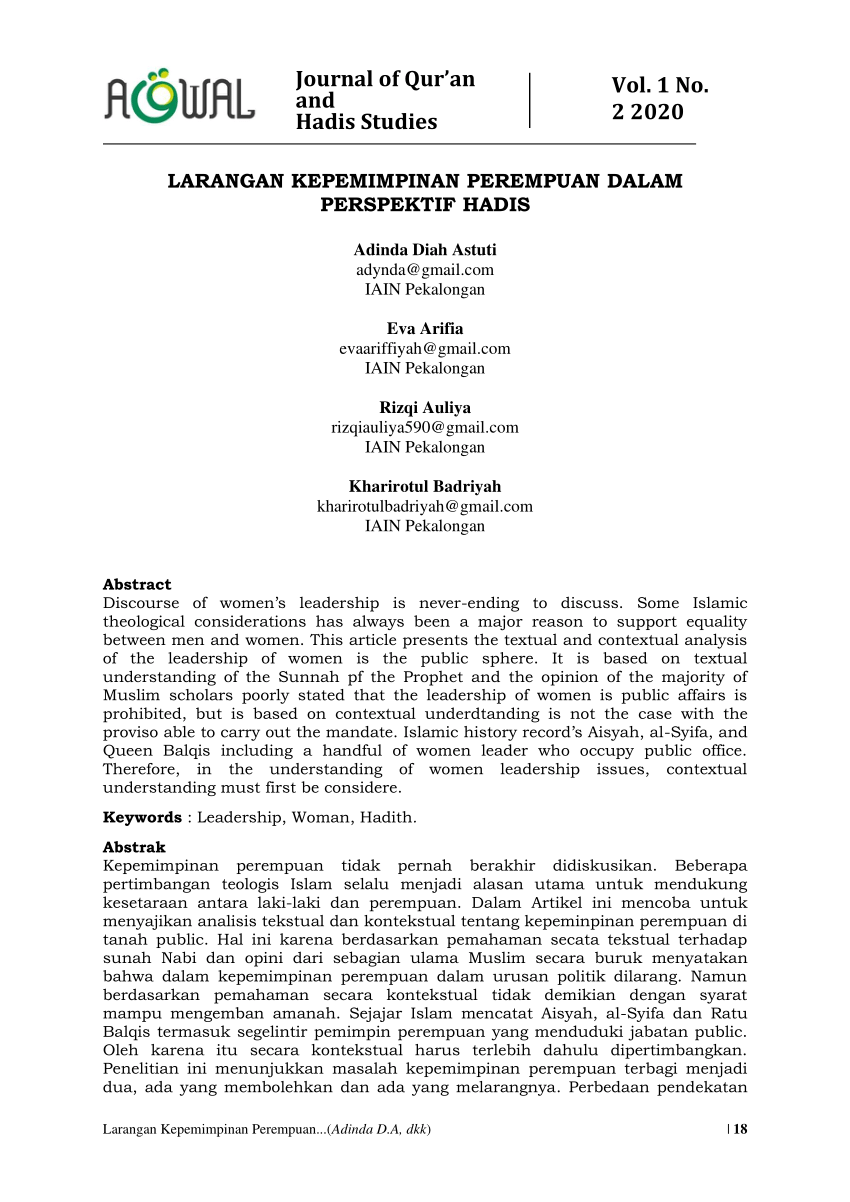 Pdf Larangan Kepemimpinan Perempuan Dalam Perspektif Hadis 3744