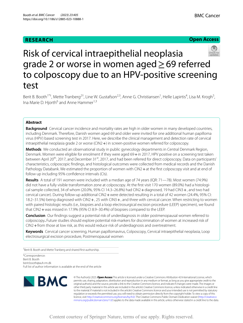Pdf Risk Of Cervical Intraepithelial Neoplasia Grade Or Worse In