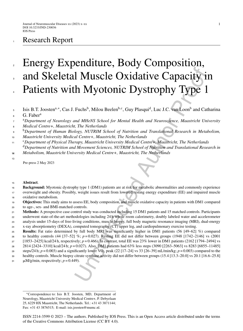 Pdf Energy Expenditure Body Composition And Skeletal Muscle