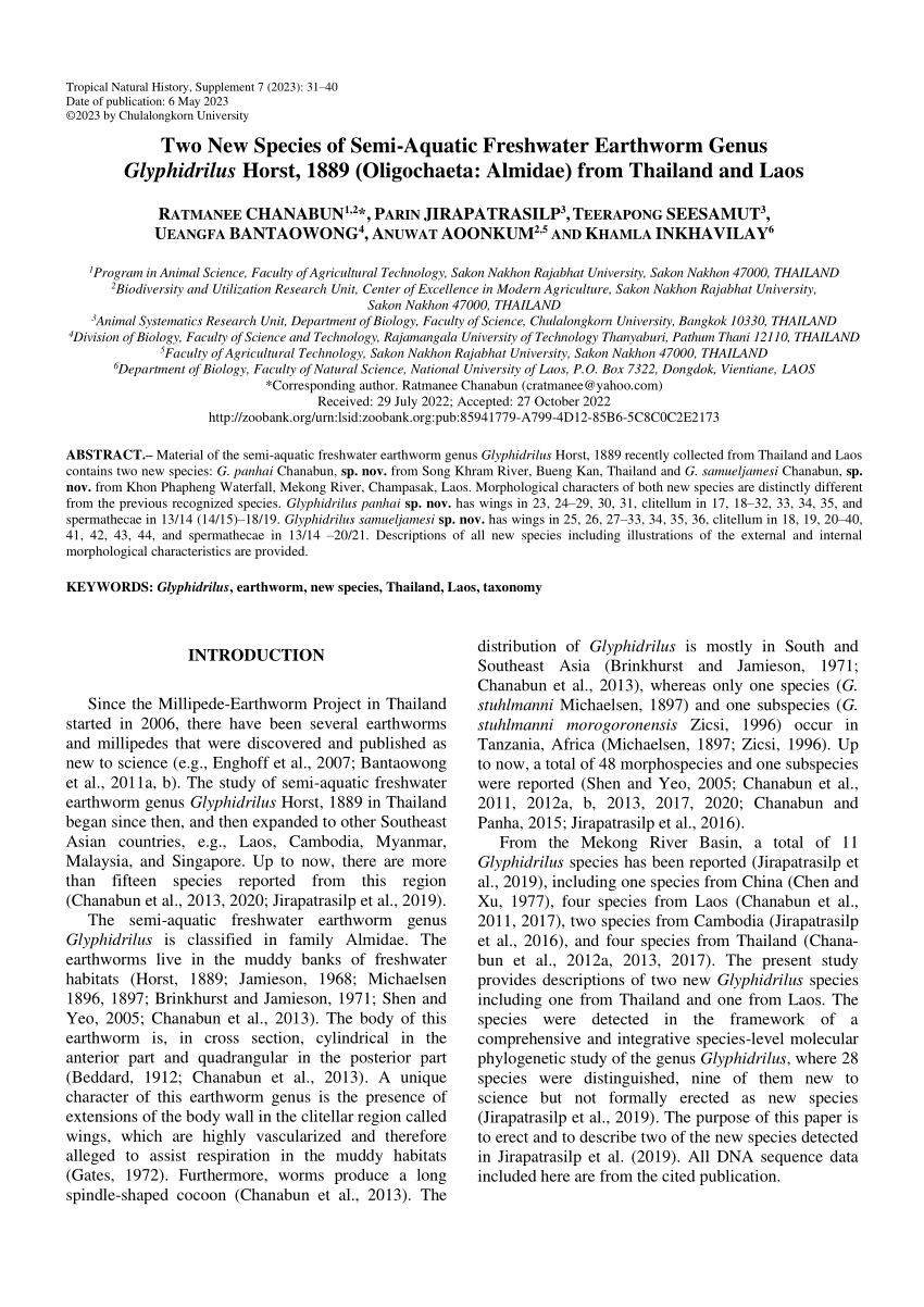 (PDF) Two New Species of Semi-Aquatic Freshwater Earthworm Genus