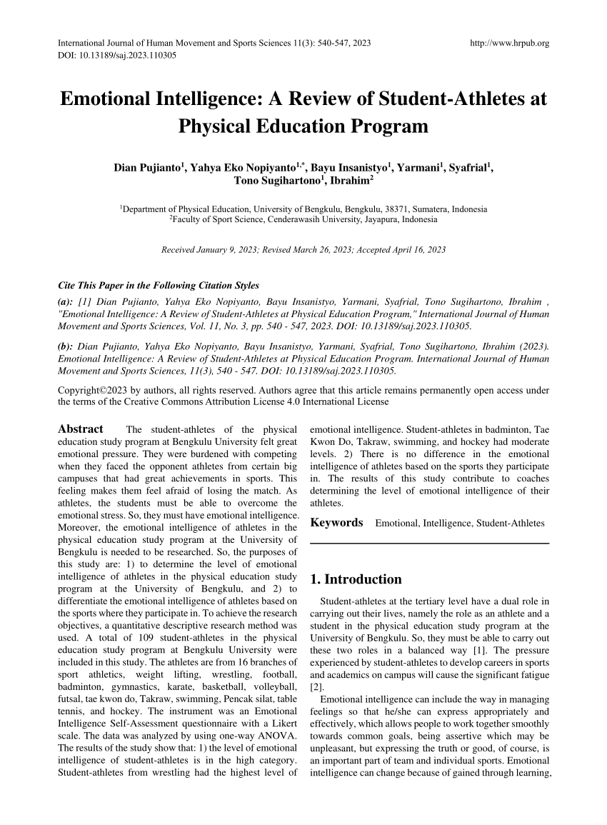 PDF) Emotional Intelligence A Review of Student-Athletes at Physical Education Program