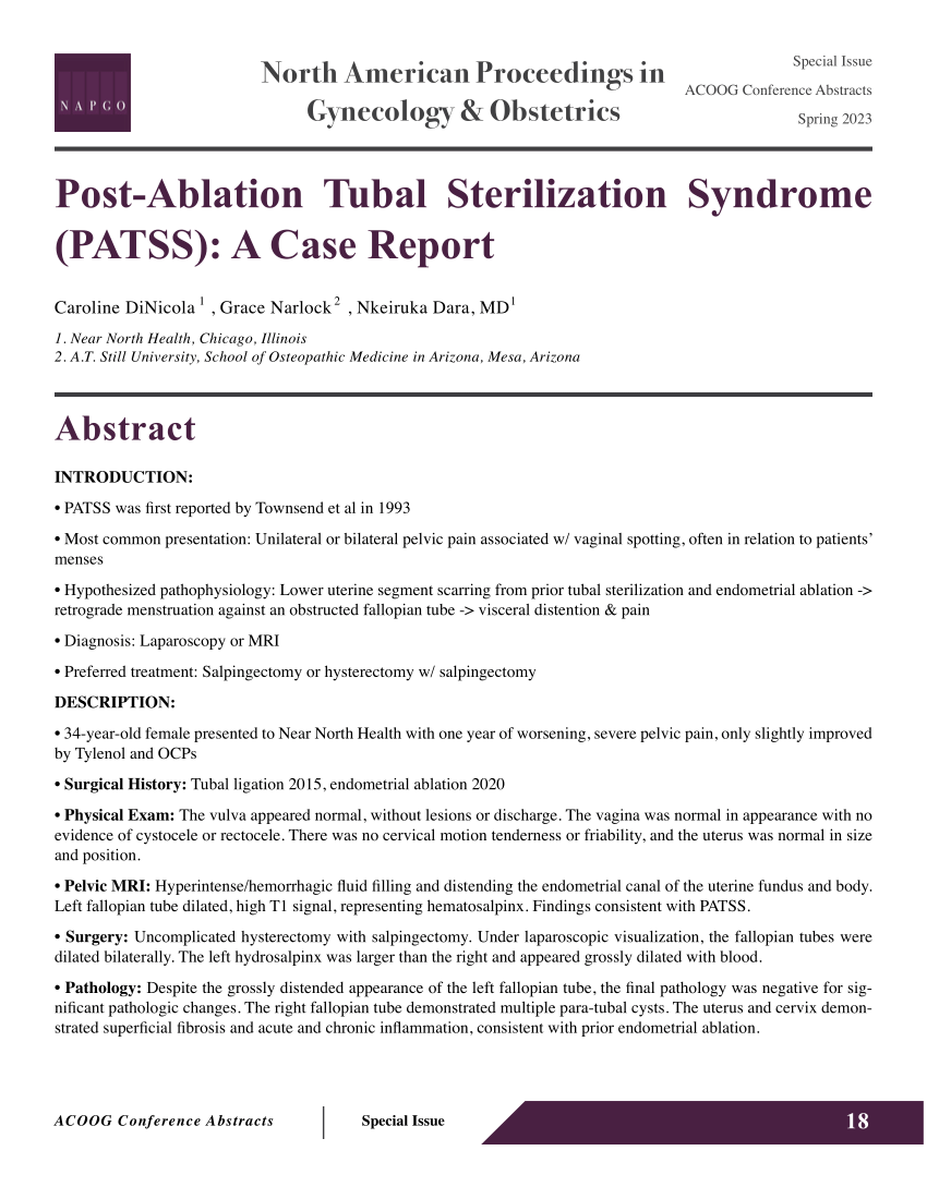 (PDF) PostAblation Tubal Sterilization Syndrome (PATSS) A Case Report