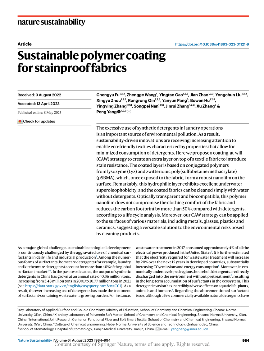 Sustainable polymer coating for stainproof fabrics | Request PDF