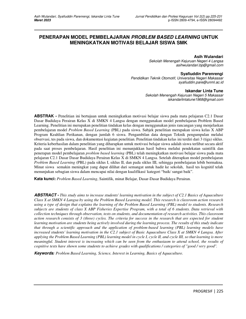 Pdf Penerapan Model Pembelajaran Problem Based Learning Untuk Meningkatkan Motivasi Belajar 