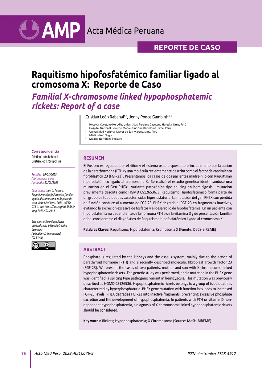 Pdf Raquitismo Hipofosfatémico Familiar Ligado Al Cromosoma X Reporte De Caso