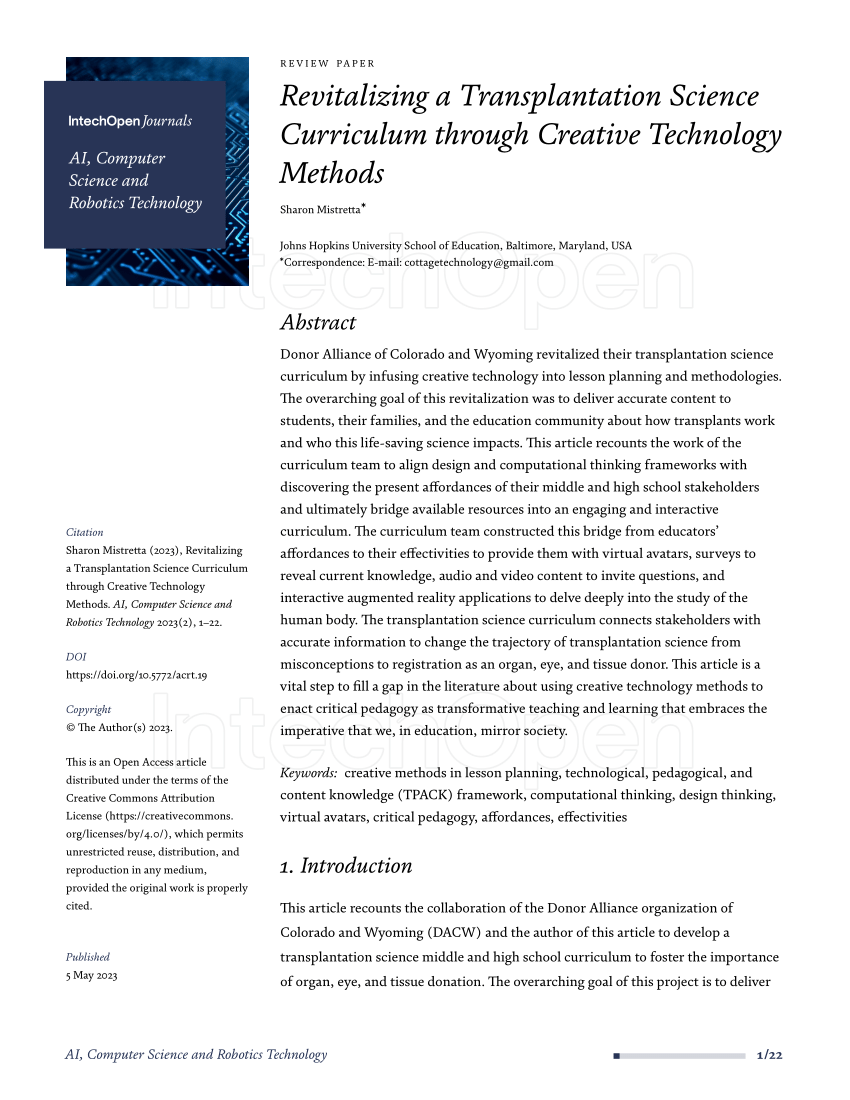 PDF) Revitalizing a Transplantation Science Curriculum through Creative  Technology Methods