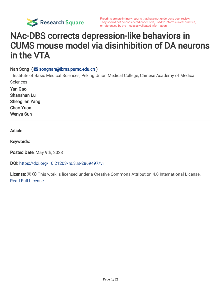 (PDF) NAc-DBS corrects depression-like behaviors in CUMS mouse model ...