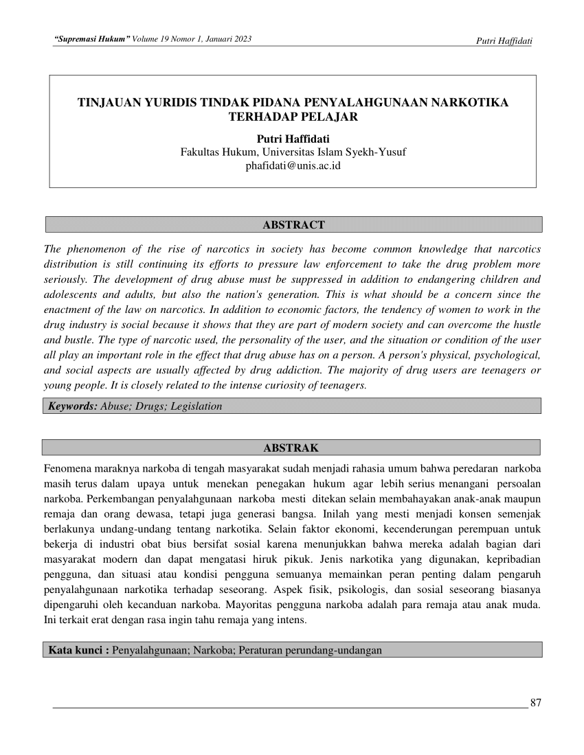 (PDF) TINJAUAN YURIDIS TINDAK PIDANA PENYALAHGUNAAN NARKOTIKA TERHADAP ...