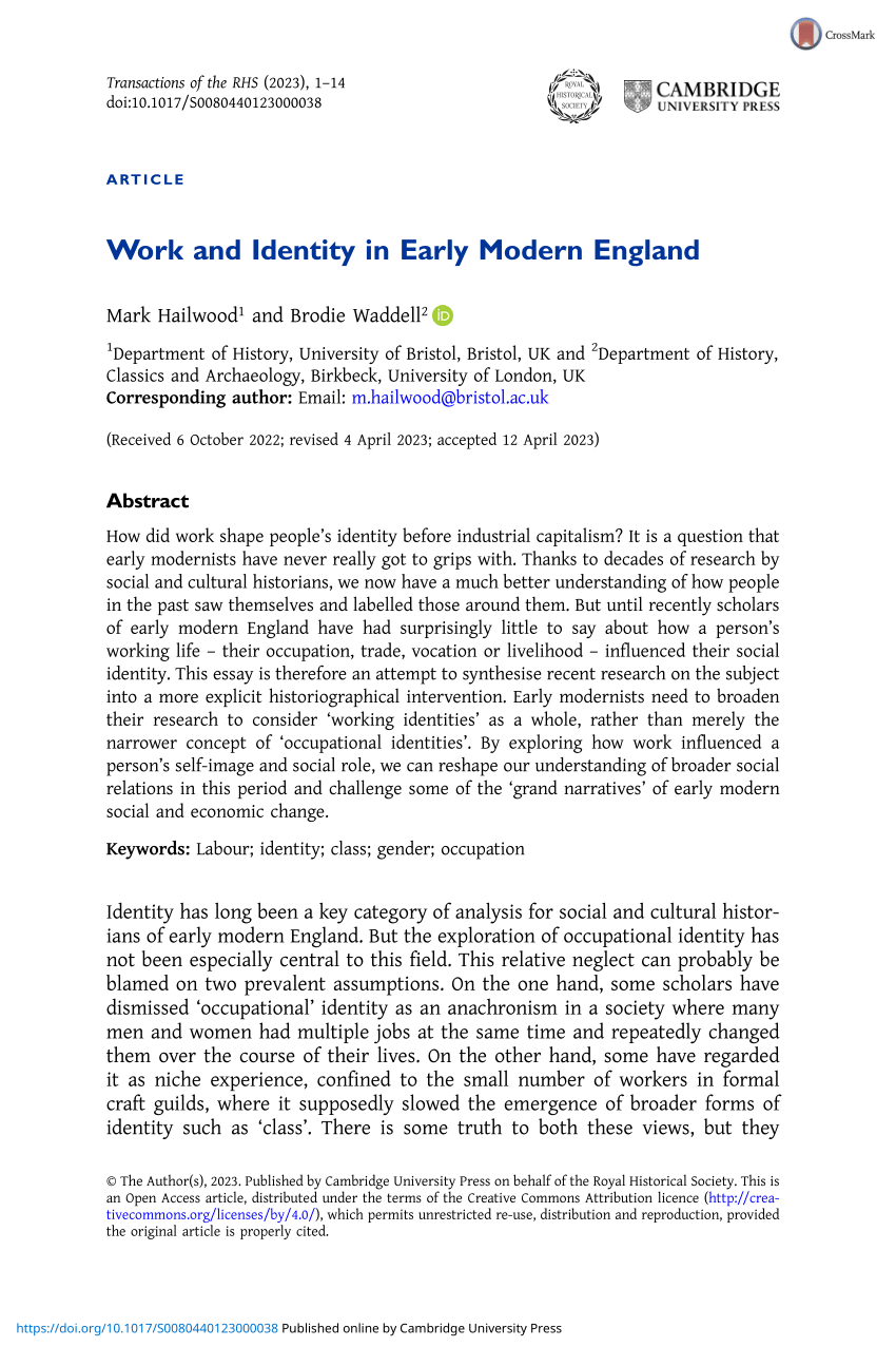 PDF Work and Identity in Early Modern England